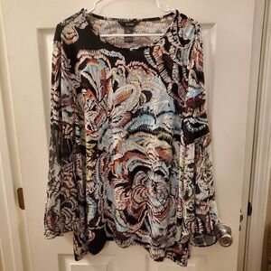 Ali Miles Floral Flare Bell Slv Strtch Tunic Sz L Art to Wear Lagenlook colorful